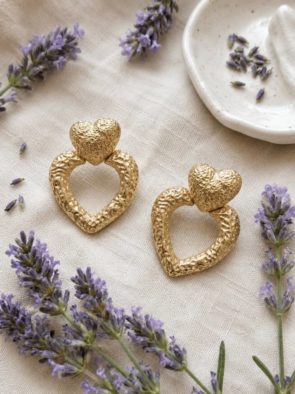 18K Gold Plated SS Coquette Mob Wife Double Heart Hammered Statement Studs 1.9in
